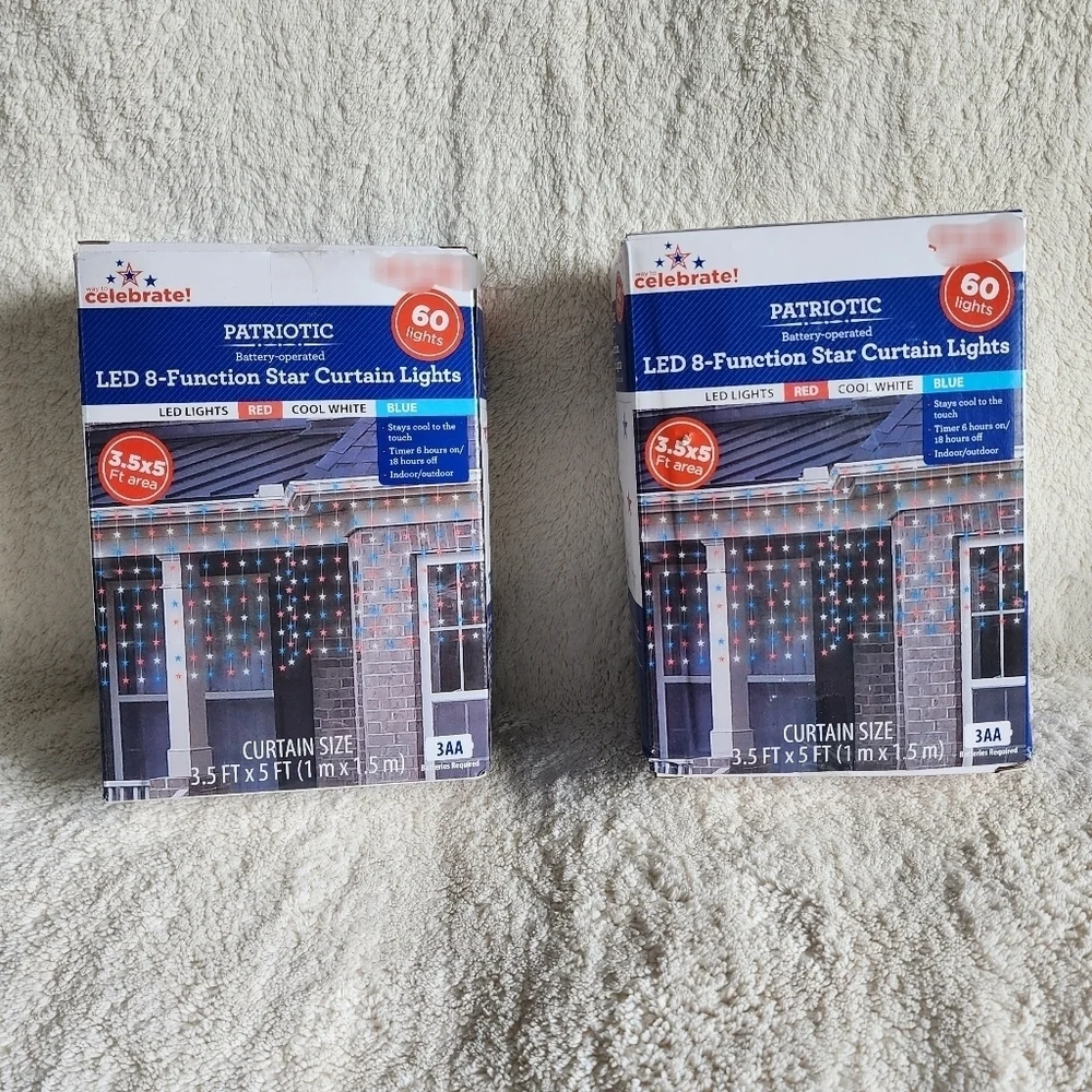 NWT Patriotic 60-Count 8-Function Battery-Operated LED Star Curtain Lights LOT